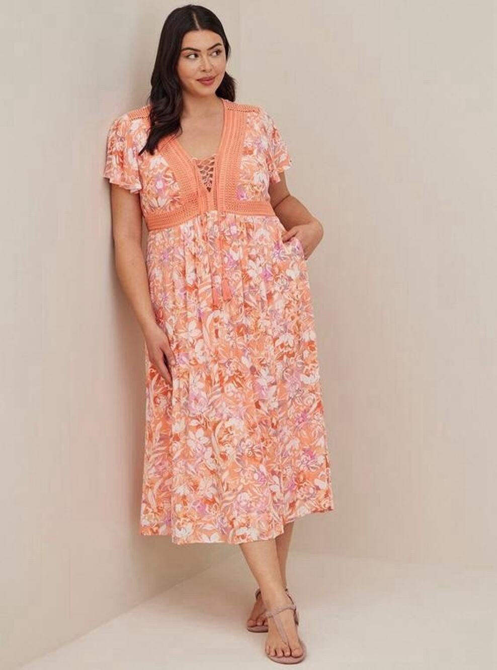 Torrid Lace Up Tea Length Maxi Dress Size 1X Crinkle Gauze Floral Coral Orange